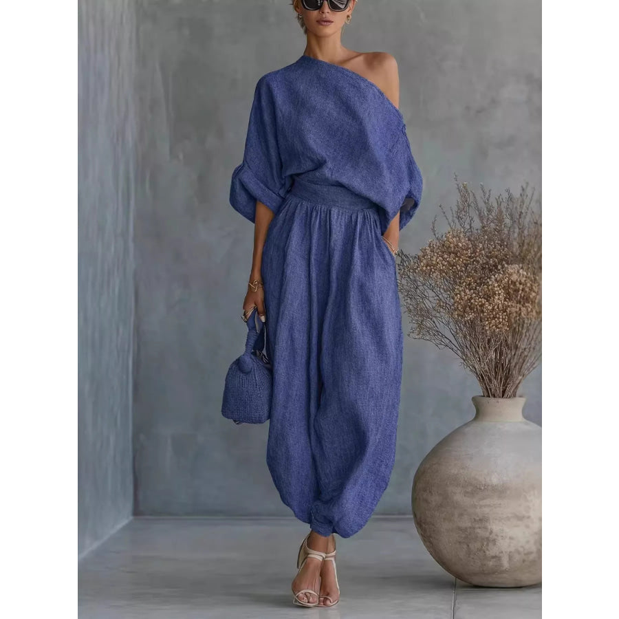 One-Shoulder Top and Joggers Set Blue / S Apparel and Accessories