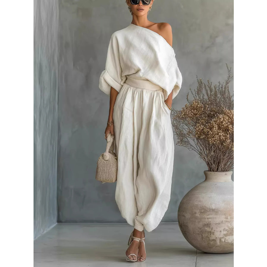 One-Shoulder Top and Joggers Set Ivory / S Apparel and Accessories