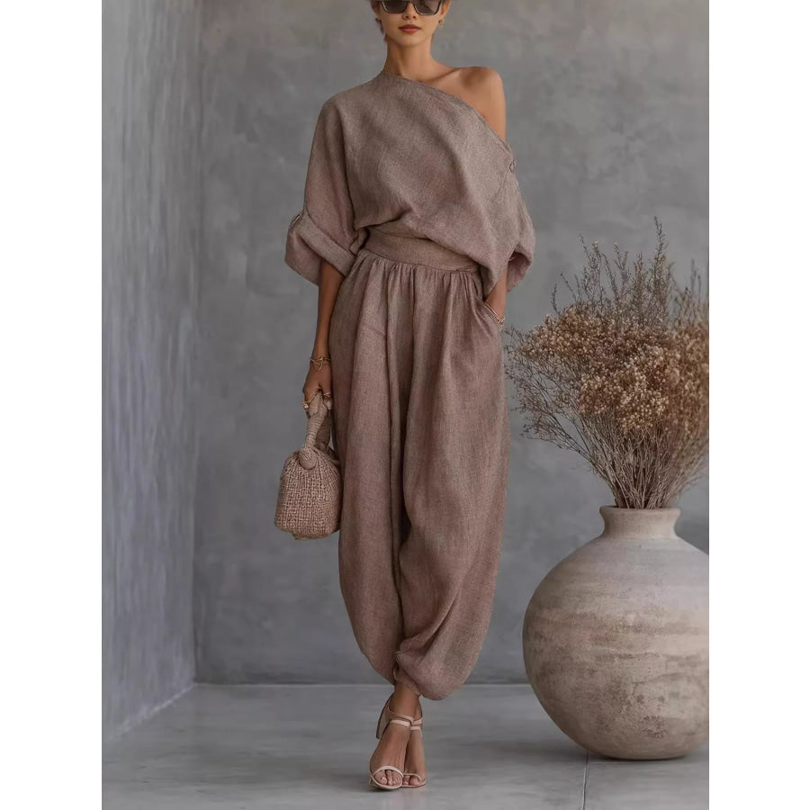 One-Shoulder Top and Joggers Set Khaki / S Apparel and Accessories