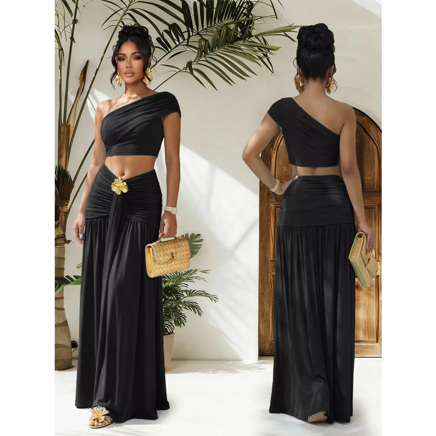 One-Shoulder Top and Ruched Maxi Skirt Set Apparel and Accessories