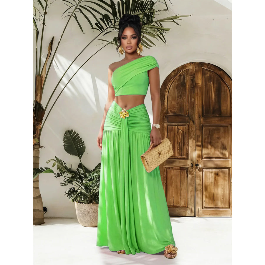 One-Shoulder Top and Ruched Maxi Skirt Set Apparel and Accessories