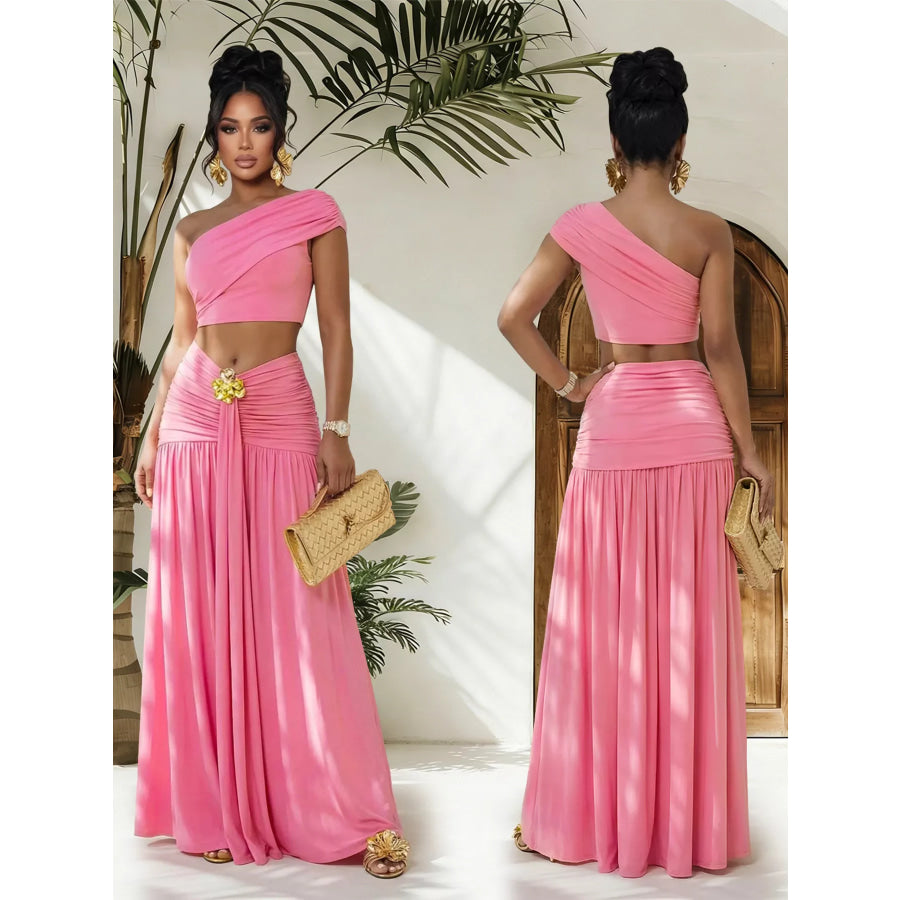 One-Shoulder Top and Ruched Maxi Skirt Set Apparel and Accessories