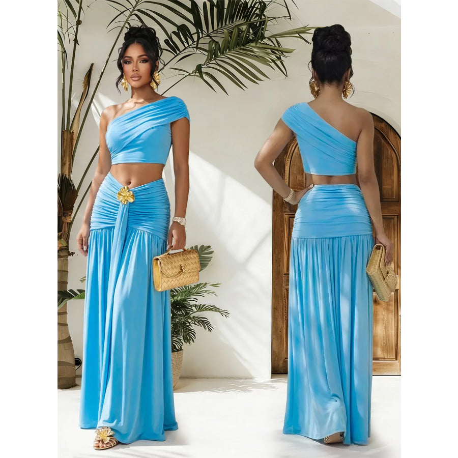 One-Shoulder Top and Ruched Maxi Skirt Set Apparel and Accessories
