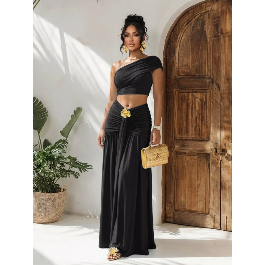 One-Shoulder Top and Ruched Maxi Skirt Set Black / S Apparel and Accessories