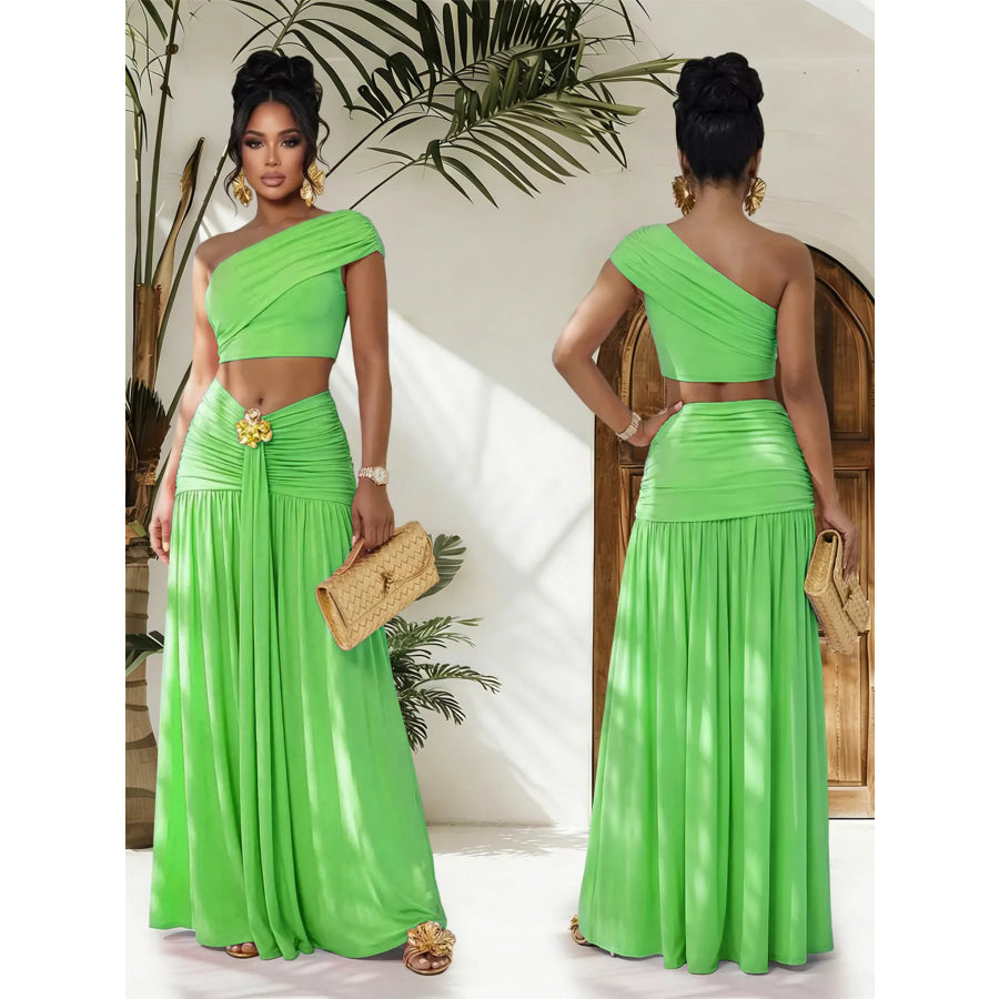 One-Shoulder Top and Ruched Maxi Skirt Set Green / S Apparel and Accessories