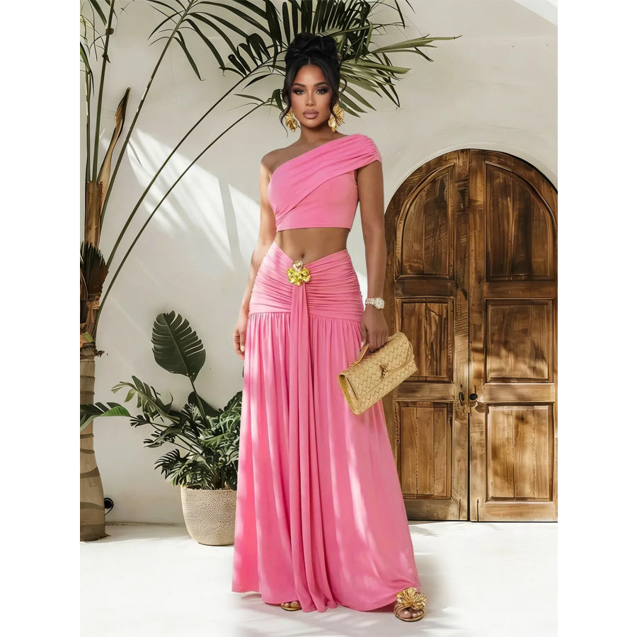 One-Shoulder Top and Ruched Maxi Skirt Set Pink / S Apparel and Accessories