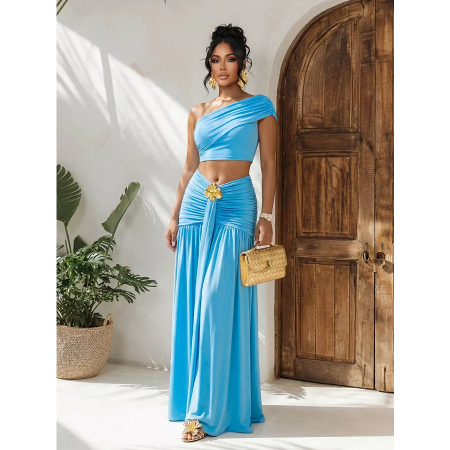 One-Shoulder Top and Ruched Maxi Skirt Set Sky Blue / S Apparel and Accessories