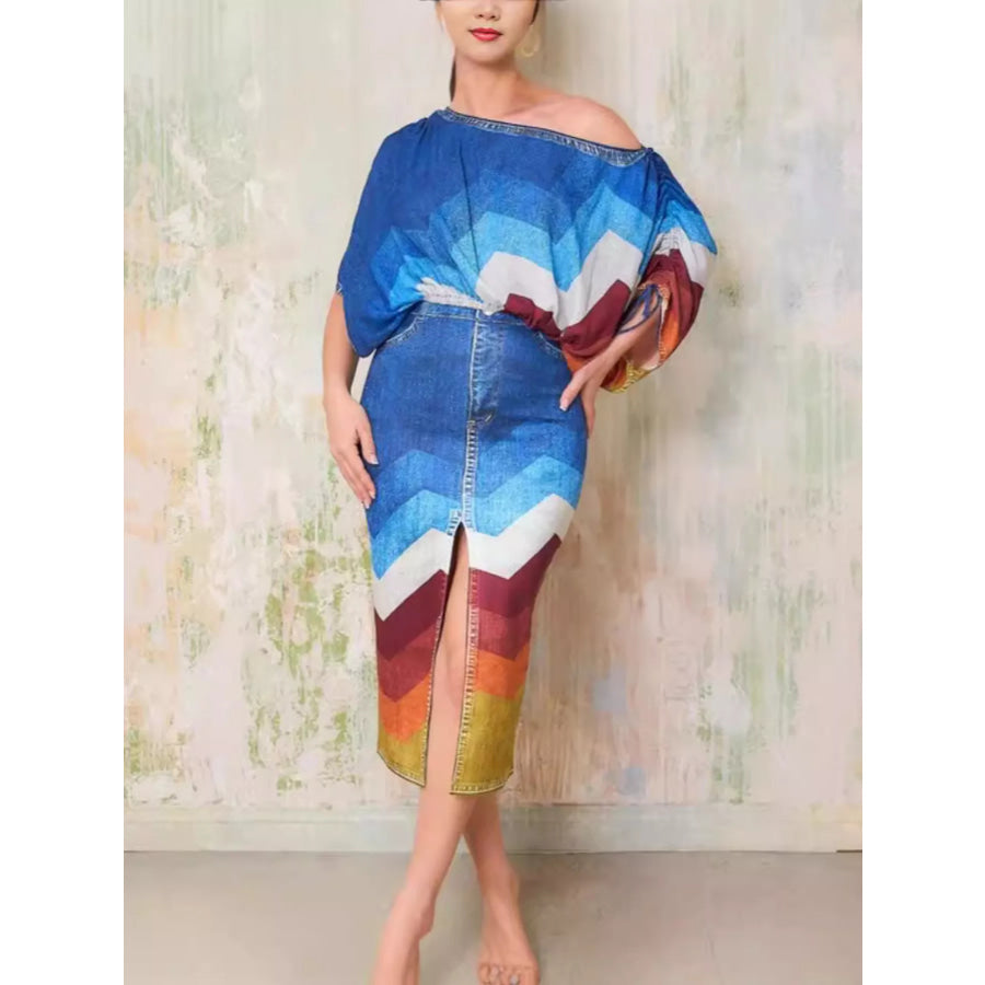 One Shoulder Top and Slit Skirt Set Blue / S Apparel and Accessories