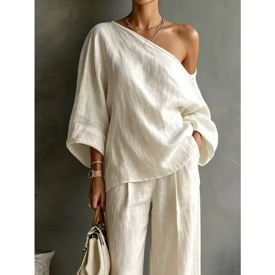 One Shoulder Top and Wide Leg Pants Set Apparel and Accessories