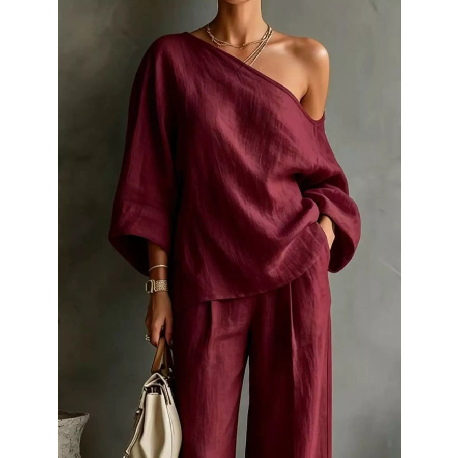 One Shoulder Top and Wide Leg Pants Set Apparel and Accessories