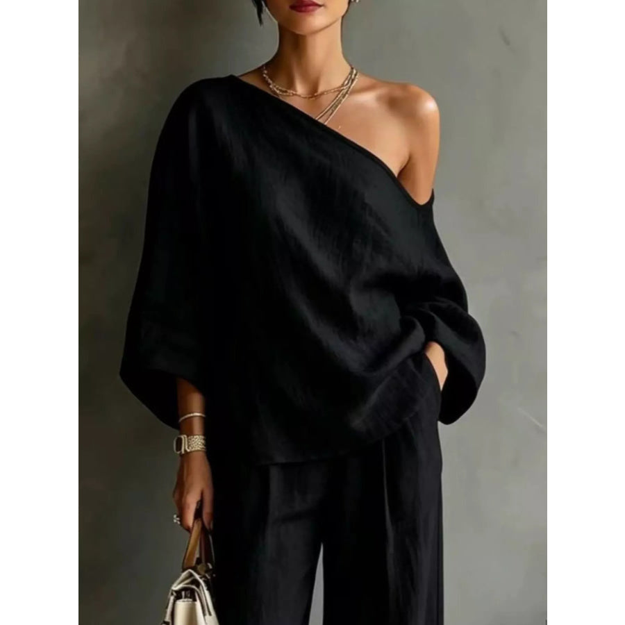 One Shoulder Top and Wide Leg Pants Set Apparel and Accessories