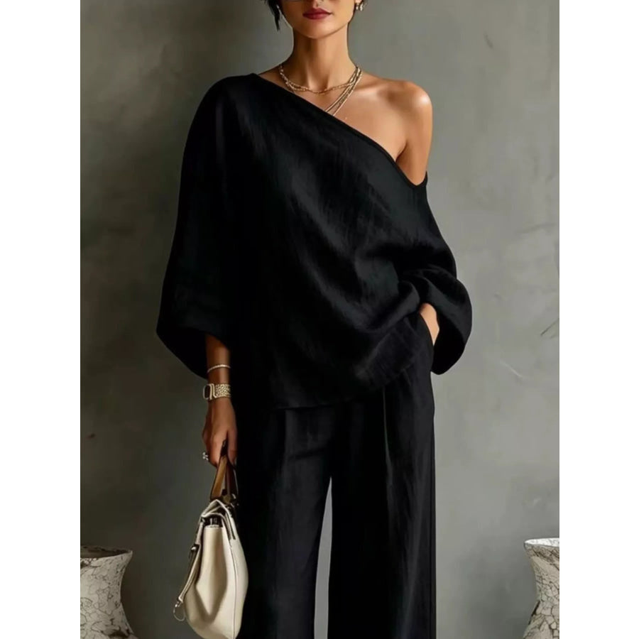 One Shoulder Top and Wide Leg Pants Set Apparel Accessories