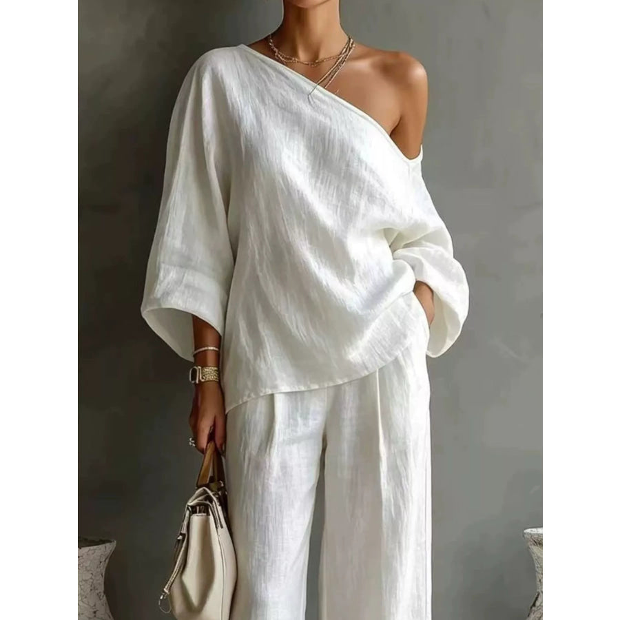 One Shoulder Top and Wide Leg Pants Set Apparel and Accessories