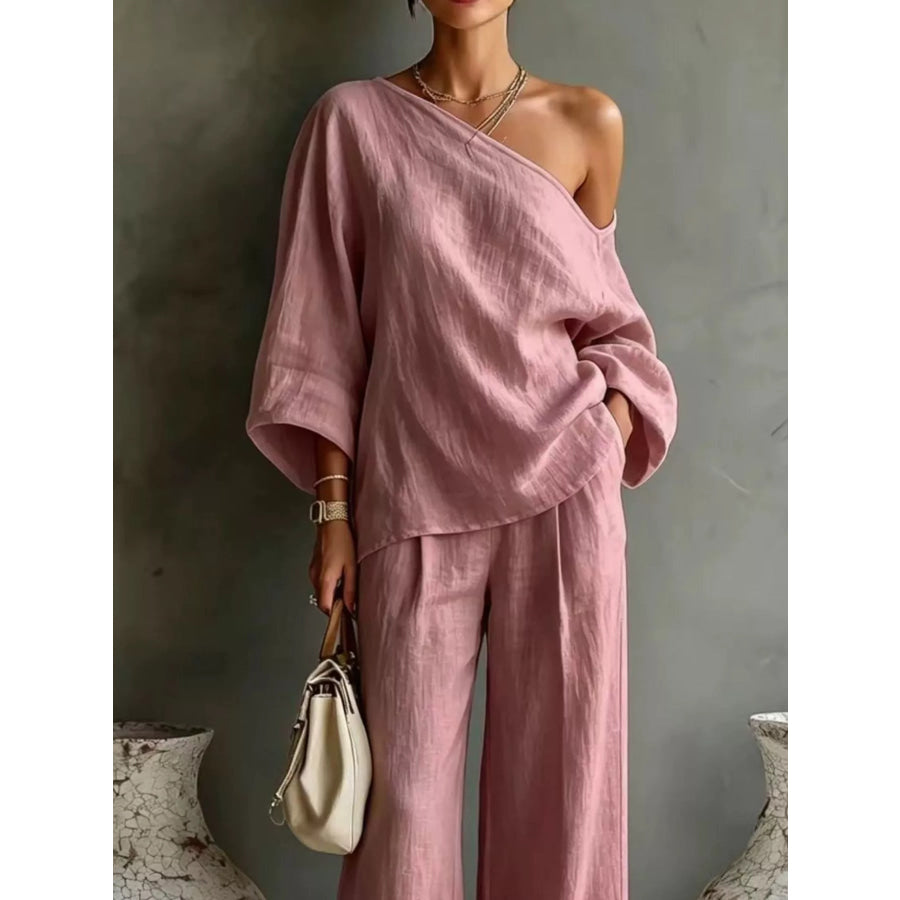 One Shoulder Top and Wide Leg Pants Set Apparel and Accessories