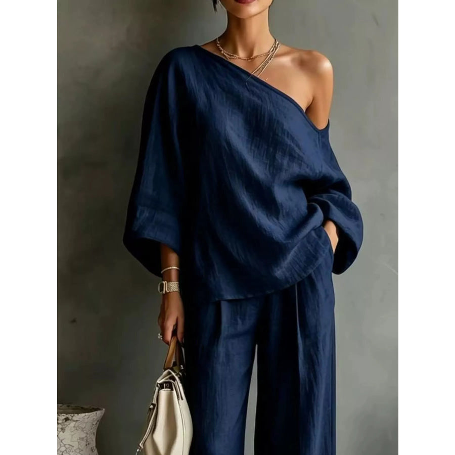 One Shoulder Top and Wide Leg Pants Set Apparel and Accessories