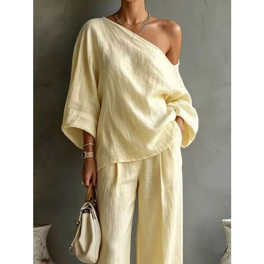 One Shoulder Top and Wide Leg Pants Set Apparel and Accessories