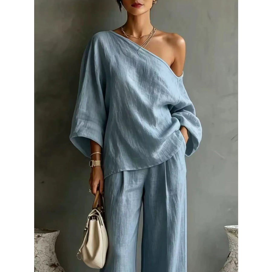 One Shoulder Top and Wide Leg Pants Set Apparel and Accessories