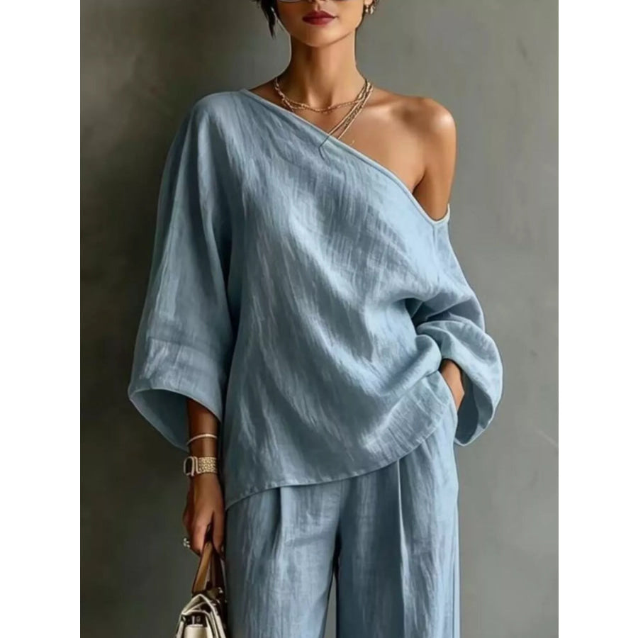 One Shoulder Top and Wide Leg Pants Set Apparel Accessories