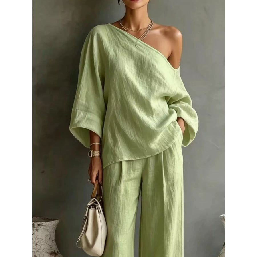 One Shoulder Top and Wide Leg Pants Set Apparel and Accessories