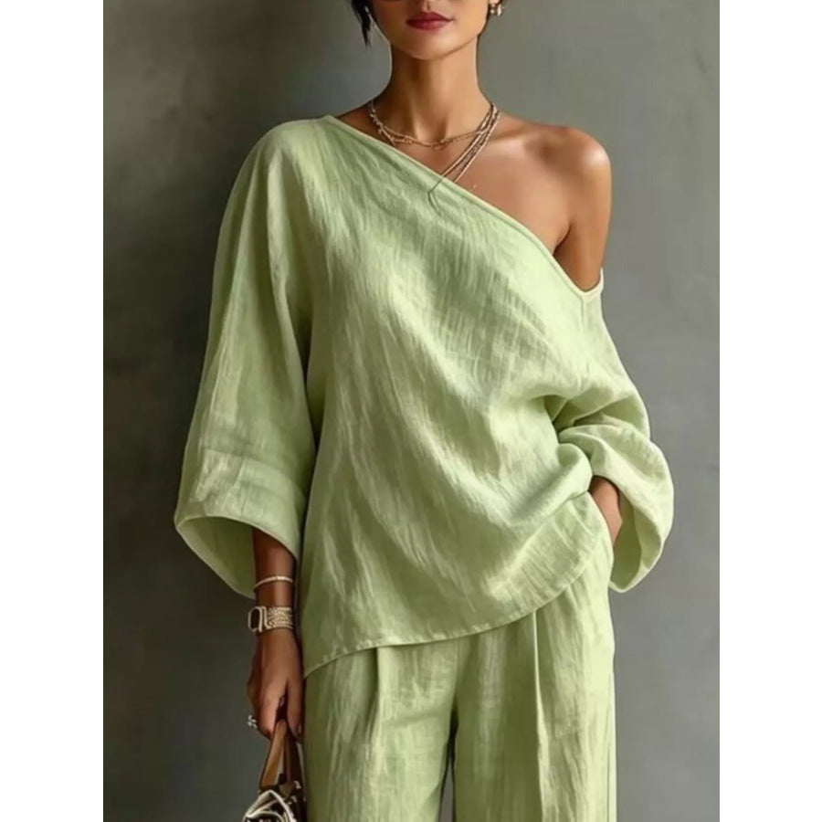 One Shoulder Top and Wide Leg Pants Set Apparel Accessories