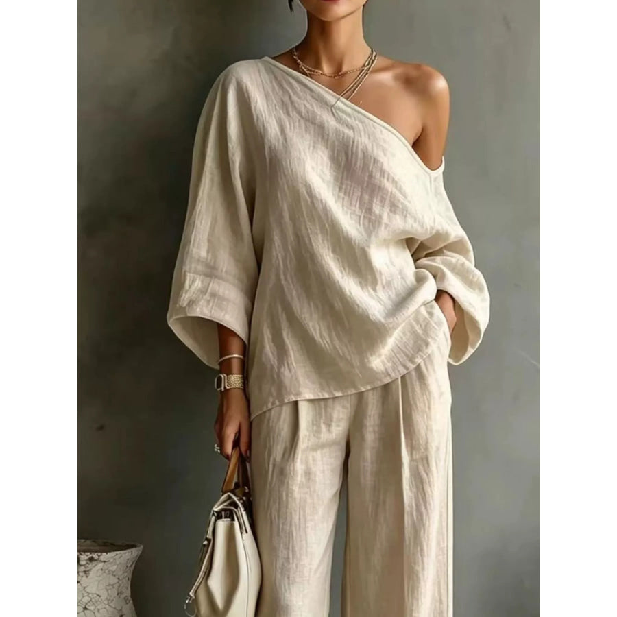 One Shoulder Top and Wide Leg Pants Set Apparel and Accessories