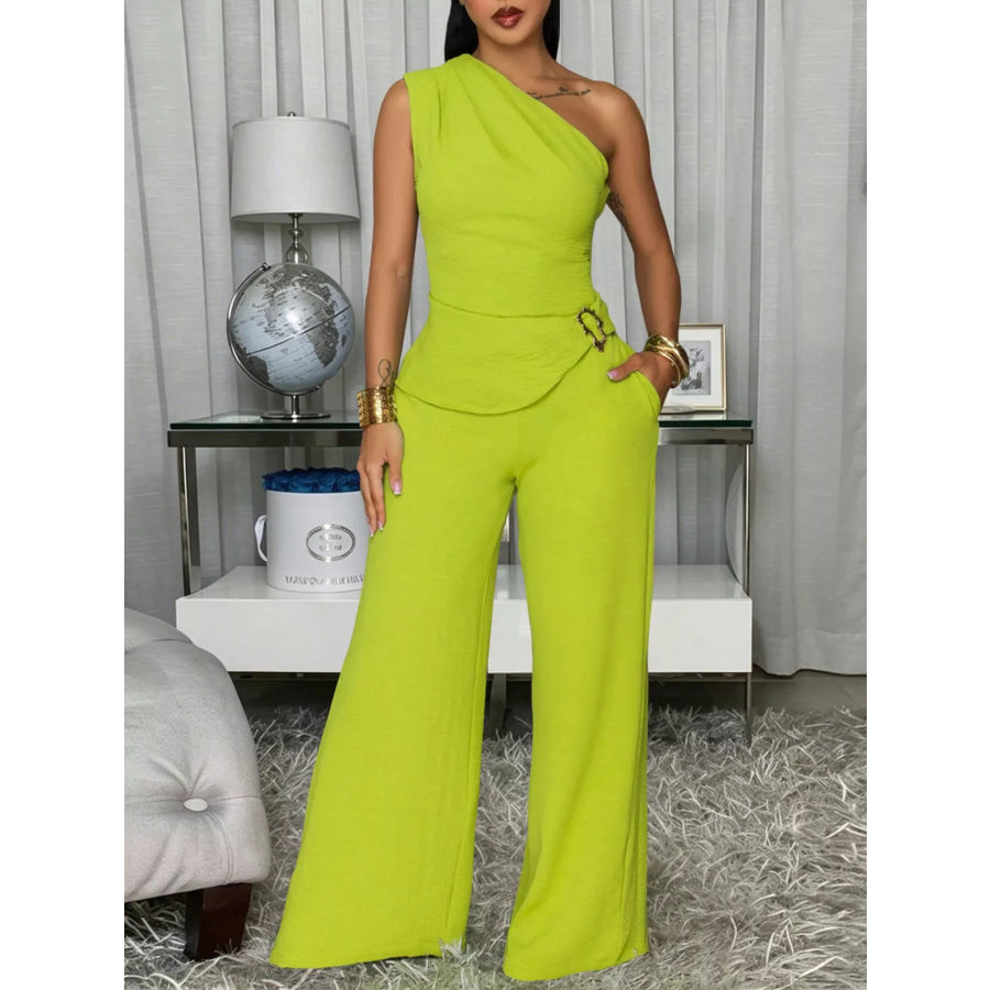 One-Shoulder Top and Wide-Leg Pants Set Apparel and Accessories