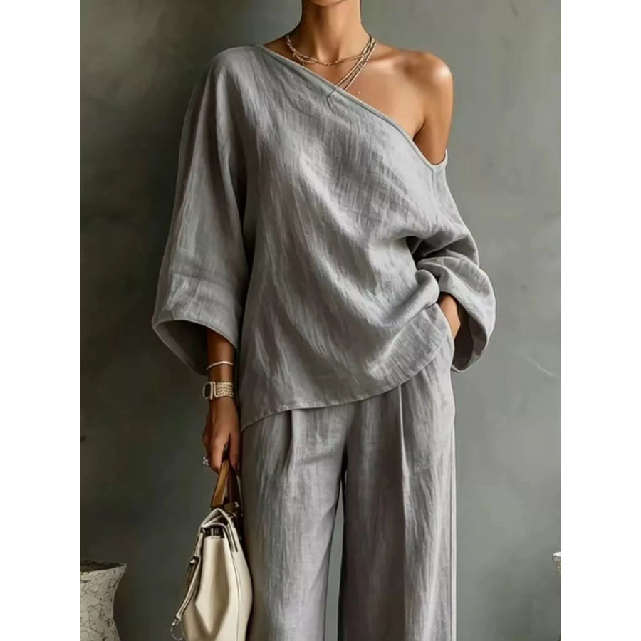 One Shoulder Top and Wide Leg Pants Set Apparel and Accessories