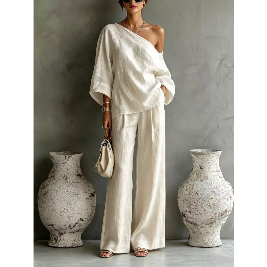 One Shoulder Top and Wide Leg Pants Set Apricot / S Apparel and Accessories