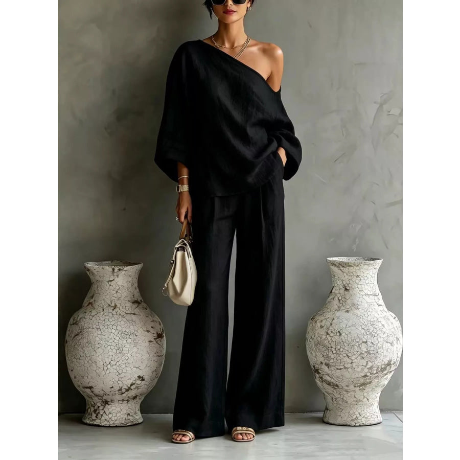 One Shoulder Top and Wide Leg Pants Set Black / S Apparel and Accessories