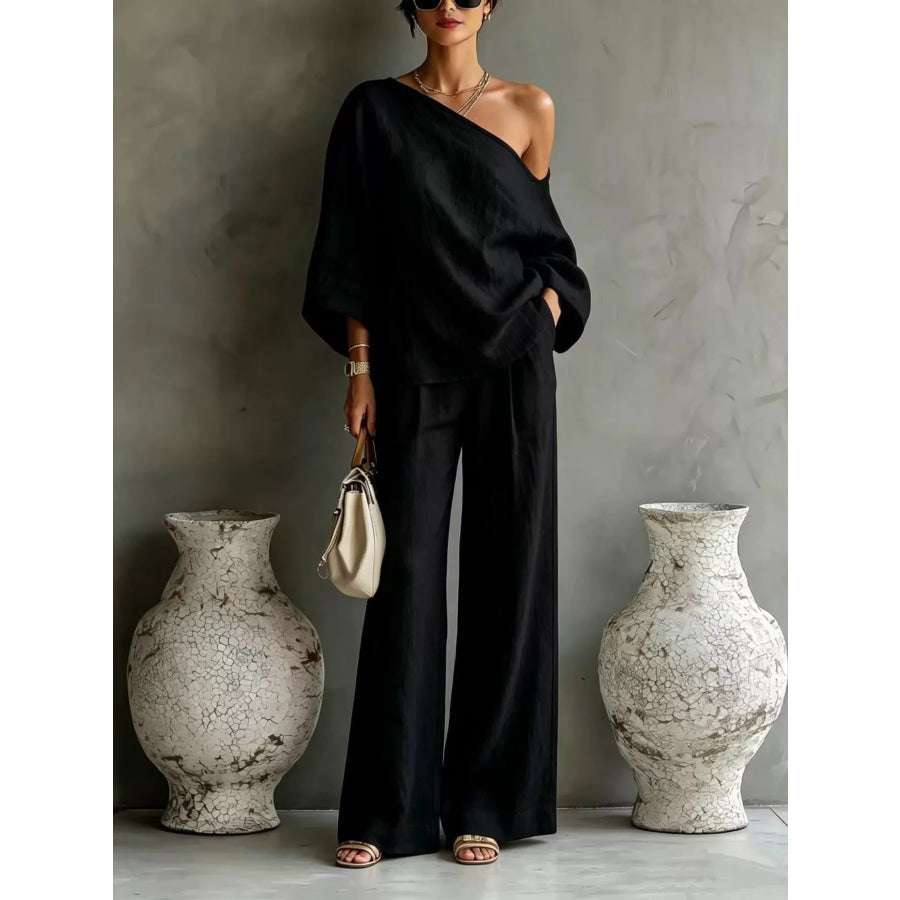 One Shoulder Top and Wide Leg Pants Set Black / S Apparel Accessories