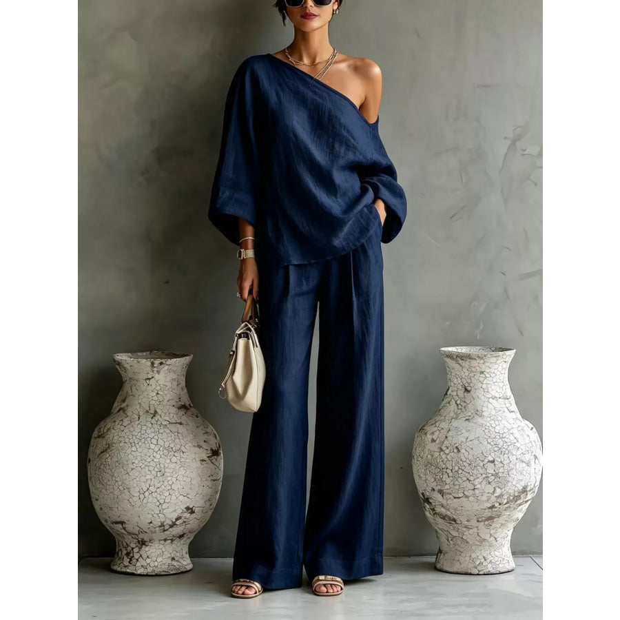 One Shoulder Top and Wide Leg Pants Set Dark Blue / S Apparel and Accessories