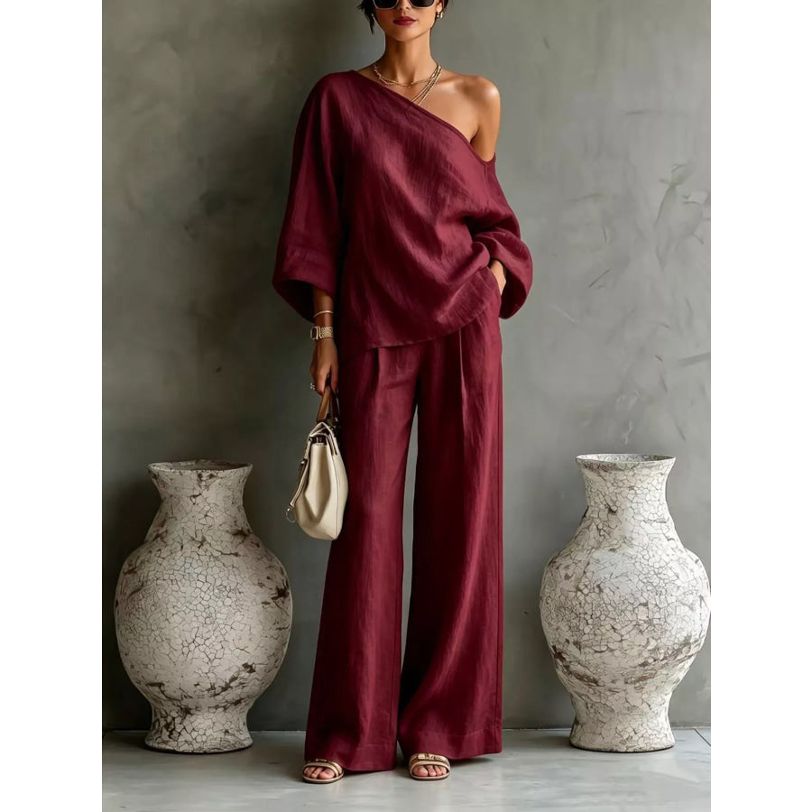 One Shoulder Top and Wide Leg Pants Set Deep Red / S Apparel and Accessories