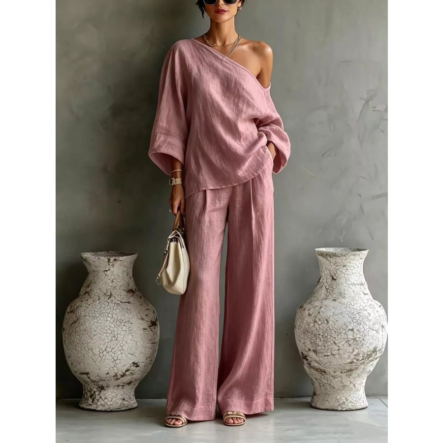 One Shoulder Top and Wide Leg Pants Set Dusty Pink / S Apparel Accessories