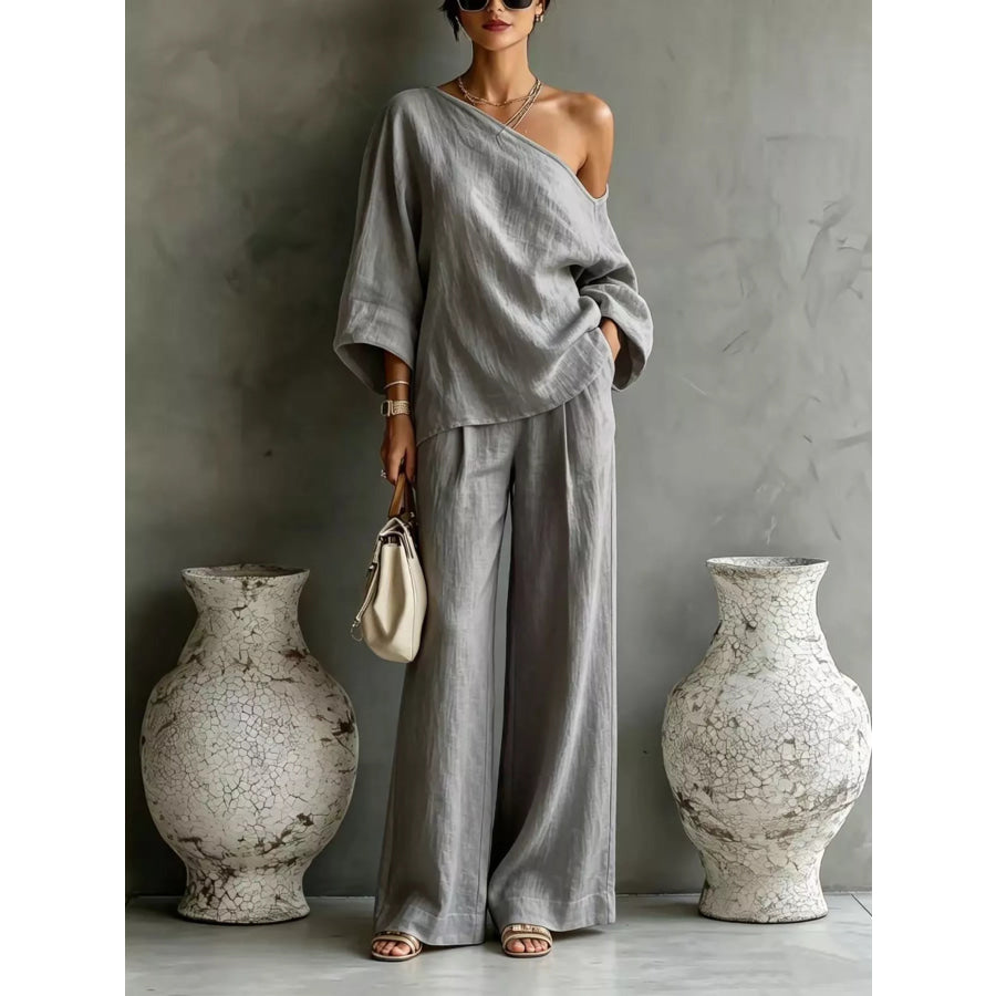 One Shoulder Top and Wide Leg Pants Set Grey / S Apparel and Accessories