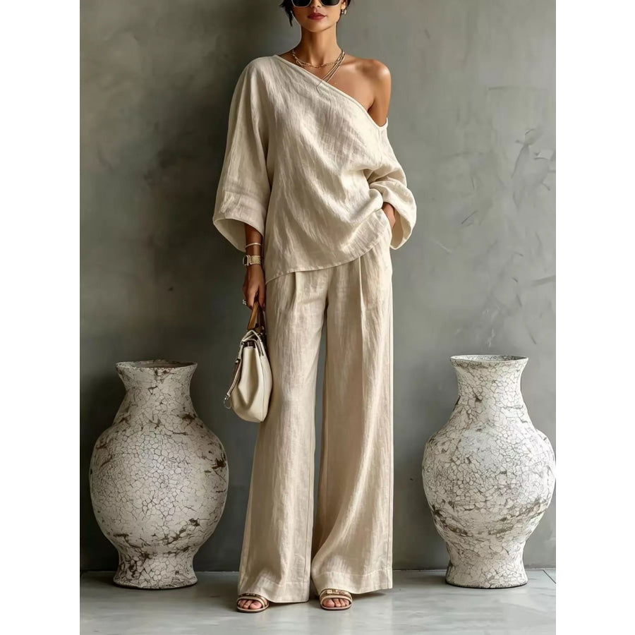 One Shoulder Top and Wide Leg Pants Set Khaki / S Apparel and Accessories