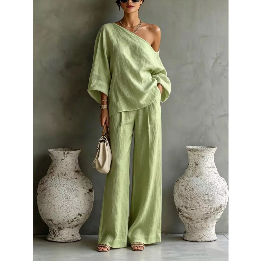 One Shoulder Top and Wide Leg Pants Set Light Green / S Apparel and Accessories