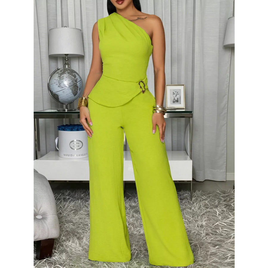 One-Shoulder Top and Wide-Leg Pants Set Lime / S Apparel and Accessories