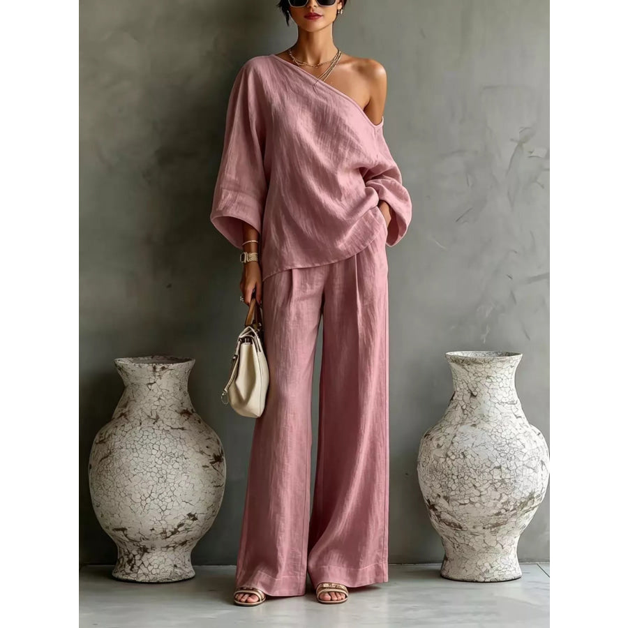 One Shoulder Top and Wide Leg Pants Set Peach Color / S Apparel and Accessories