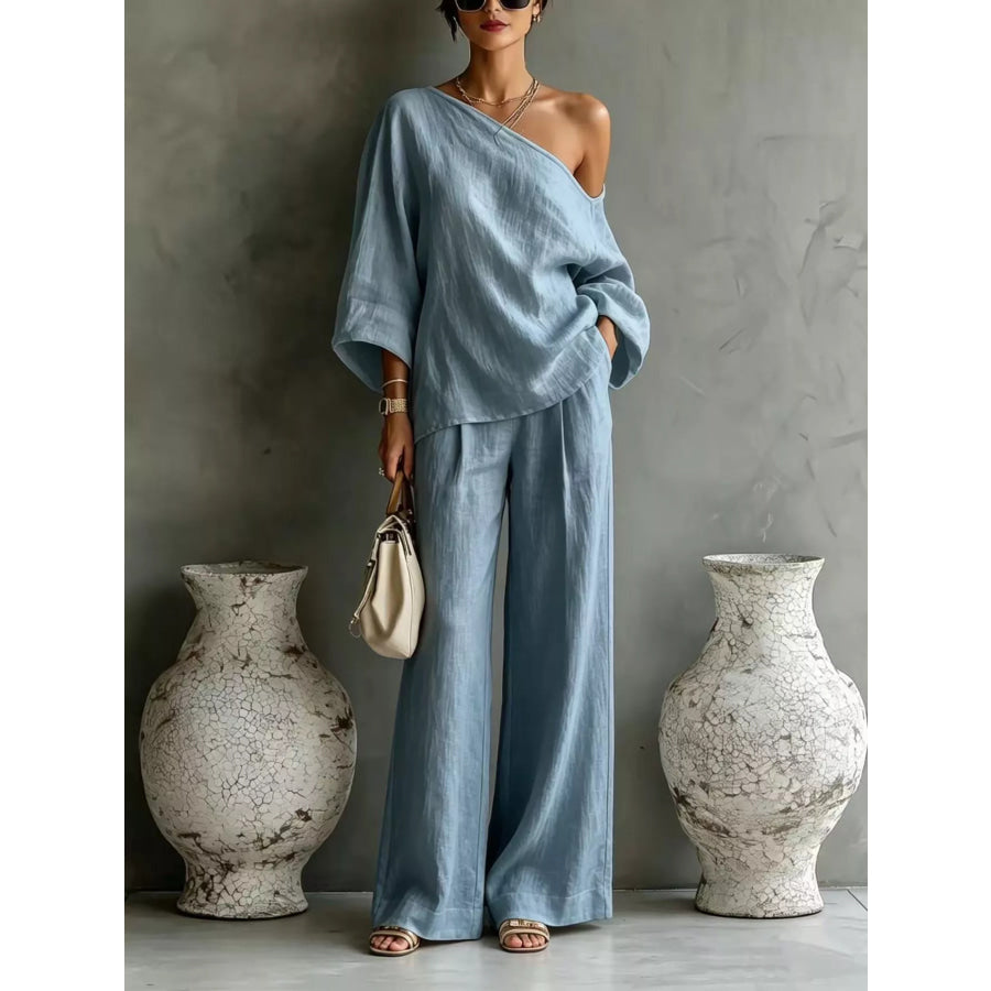 One Shoulder Top and Wide Leg Pants Set Peacock Blue / S Apparel and Accessories