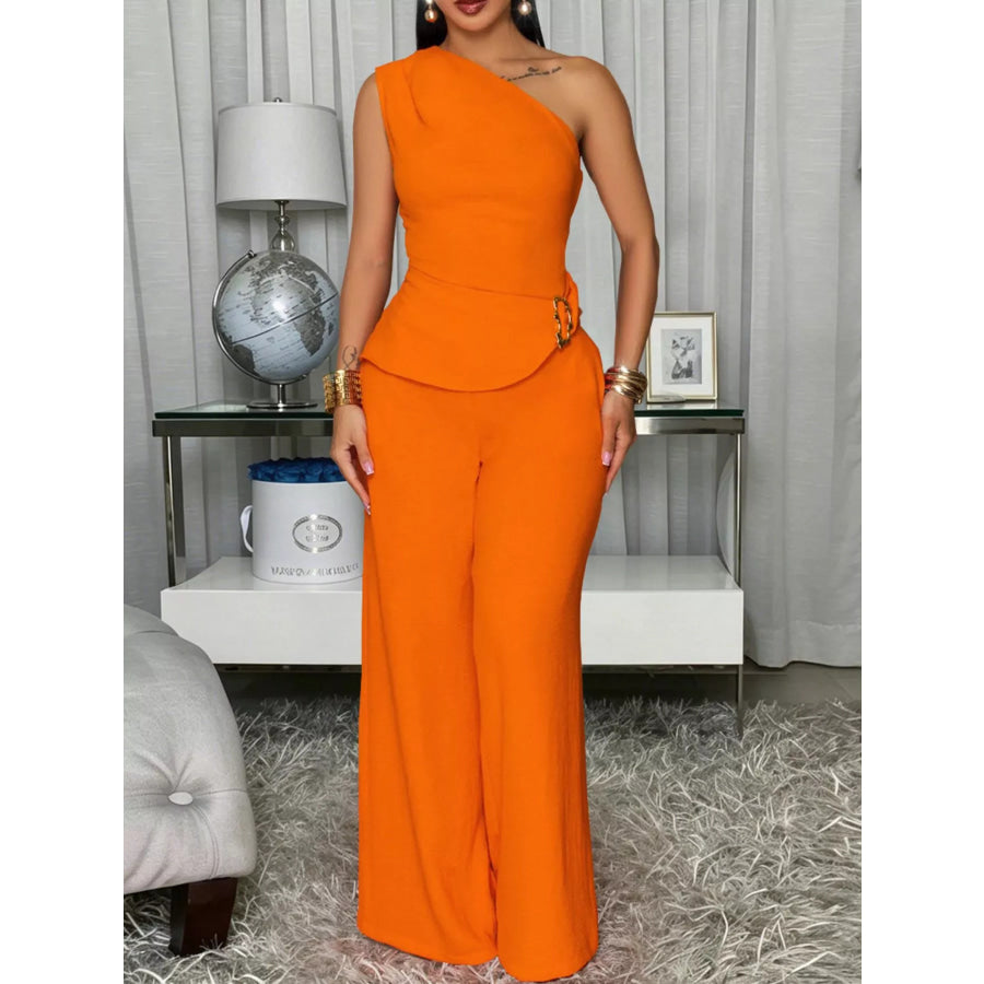 One-Shoulder Top and Wide-Leg Pants Set Tangerine / S Apparel and Accessories