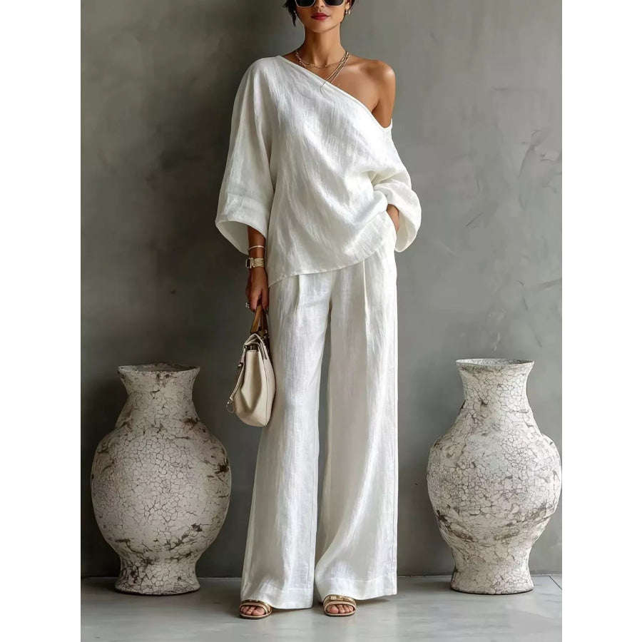 One Shoulder Top and Wide Leg Pants Set White / S Apparel and Accessories