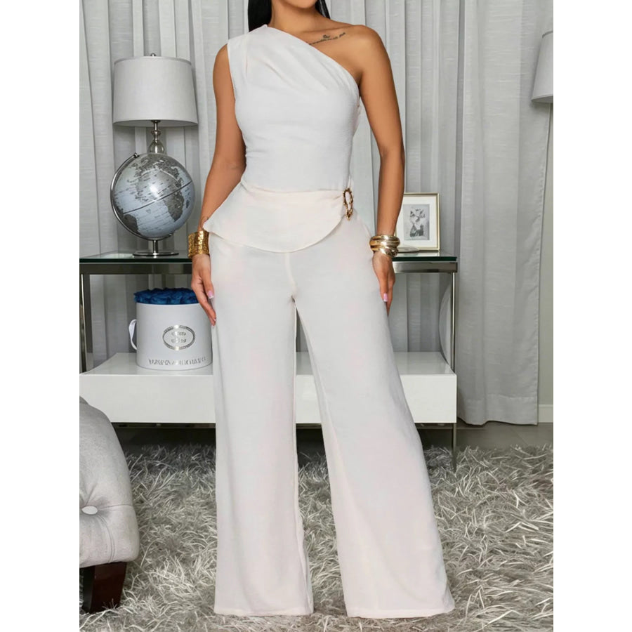 One-Shoulder Top and Wide-Leg Pants Set White / S Apparel and Accessories