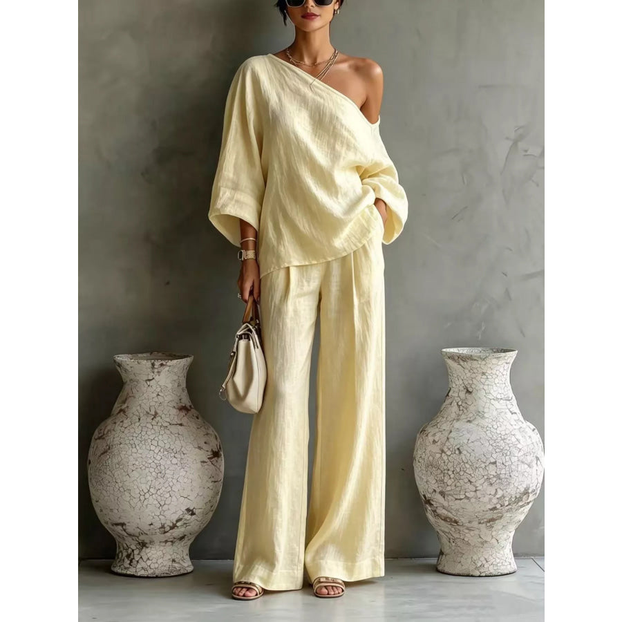 One Shoulder Top and Wide Leg Pants Set Yellow / S Apparel and Accessories