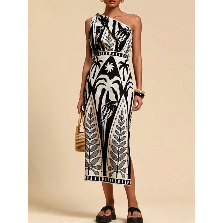 One-Shoulder Tropical Print Midi Dress Apparel and Accessories