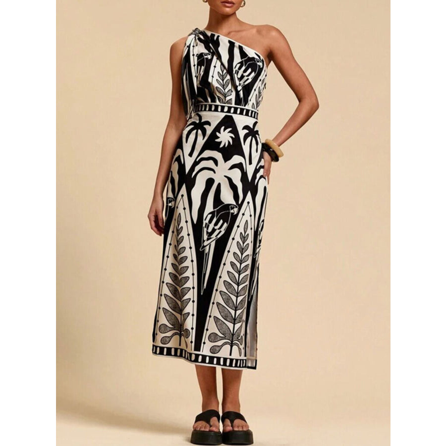 One-Shoulder Tropical Print Midi Dress Black / S Apparel and Accessories