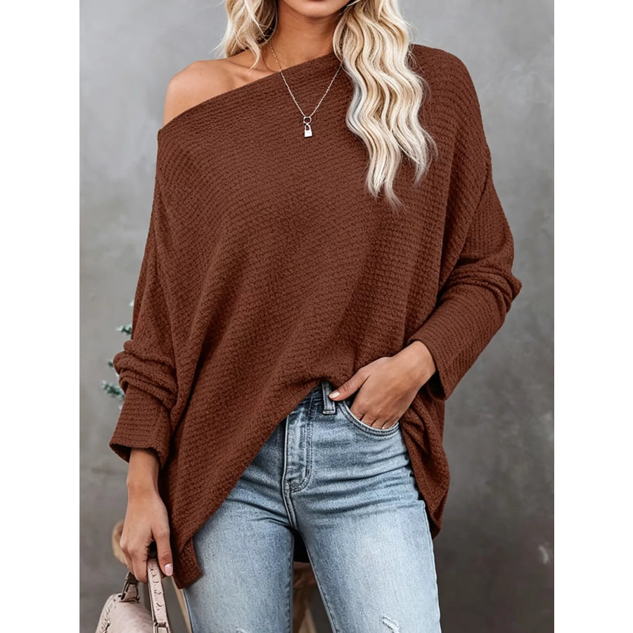 One-Shoulder Waffle Knit Top Brown / M Apparel and Accessories