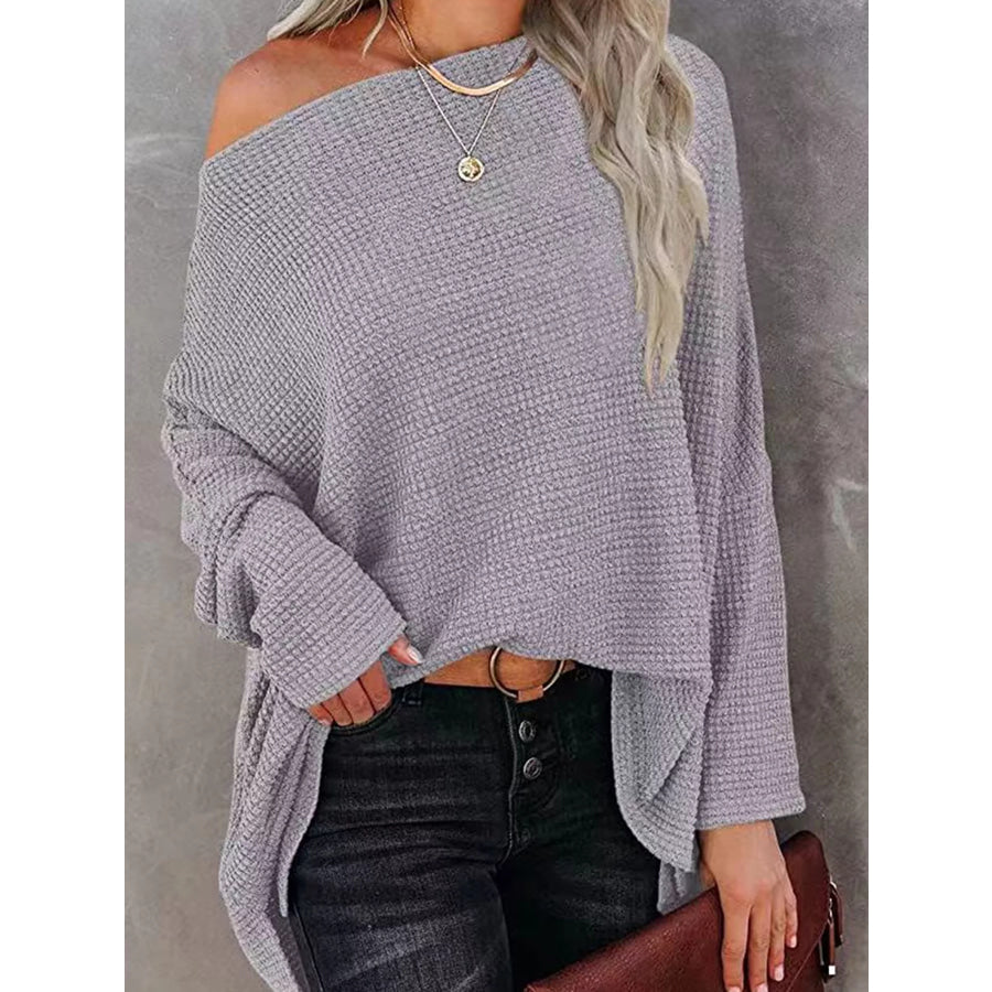 One-Shoulder Waffle Knit Top Gray / M Apparel and Accessories