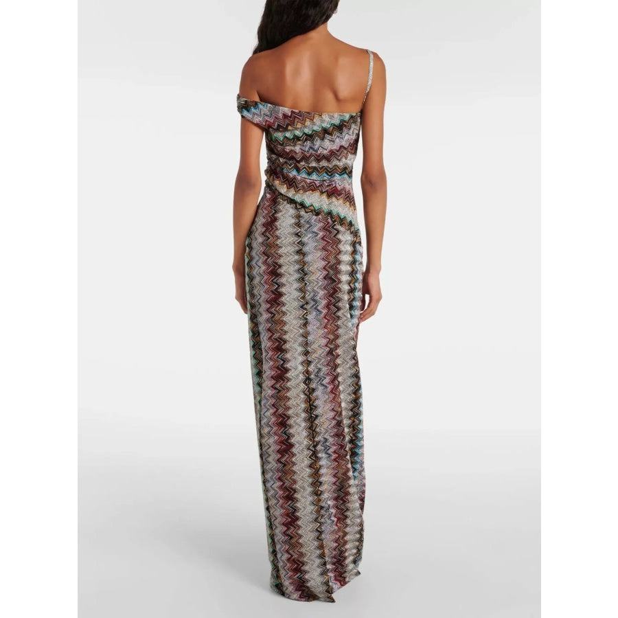 One-Shoulder Zigzag Knit Maxi Dress Apparel and Accessories