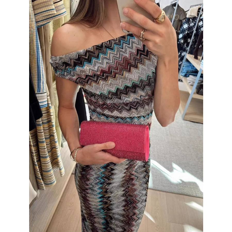 One-Shoulder Zigzag Knit Maxi Dress Apparel and Accessories