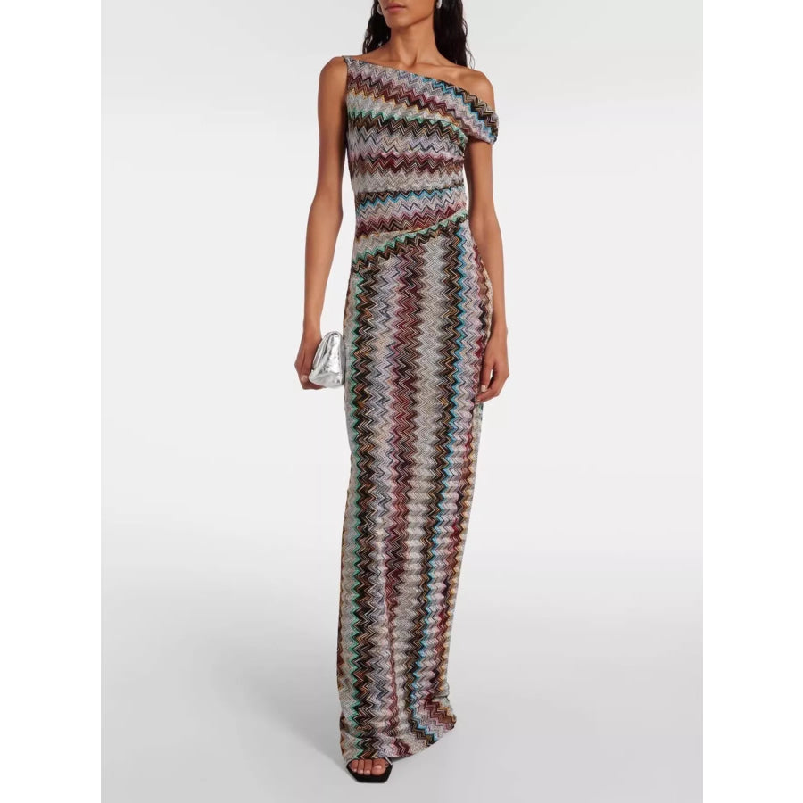 One-Shoulder Zigzag Knit Maxi Dress Multicolor / S Apparel and Accessories